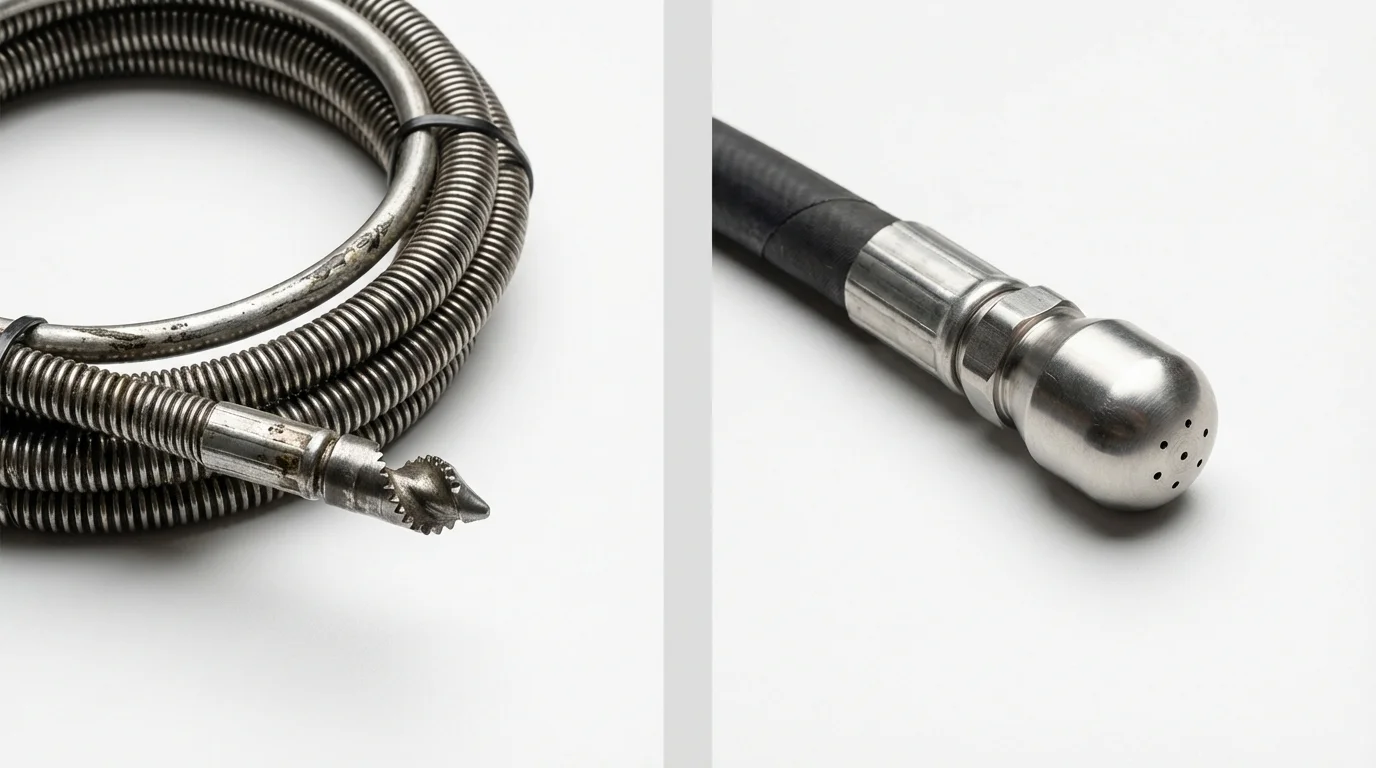 Drain snake cable and hydro jetting nozzle used for drain cleaning in Buford, GA