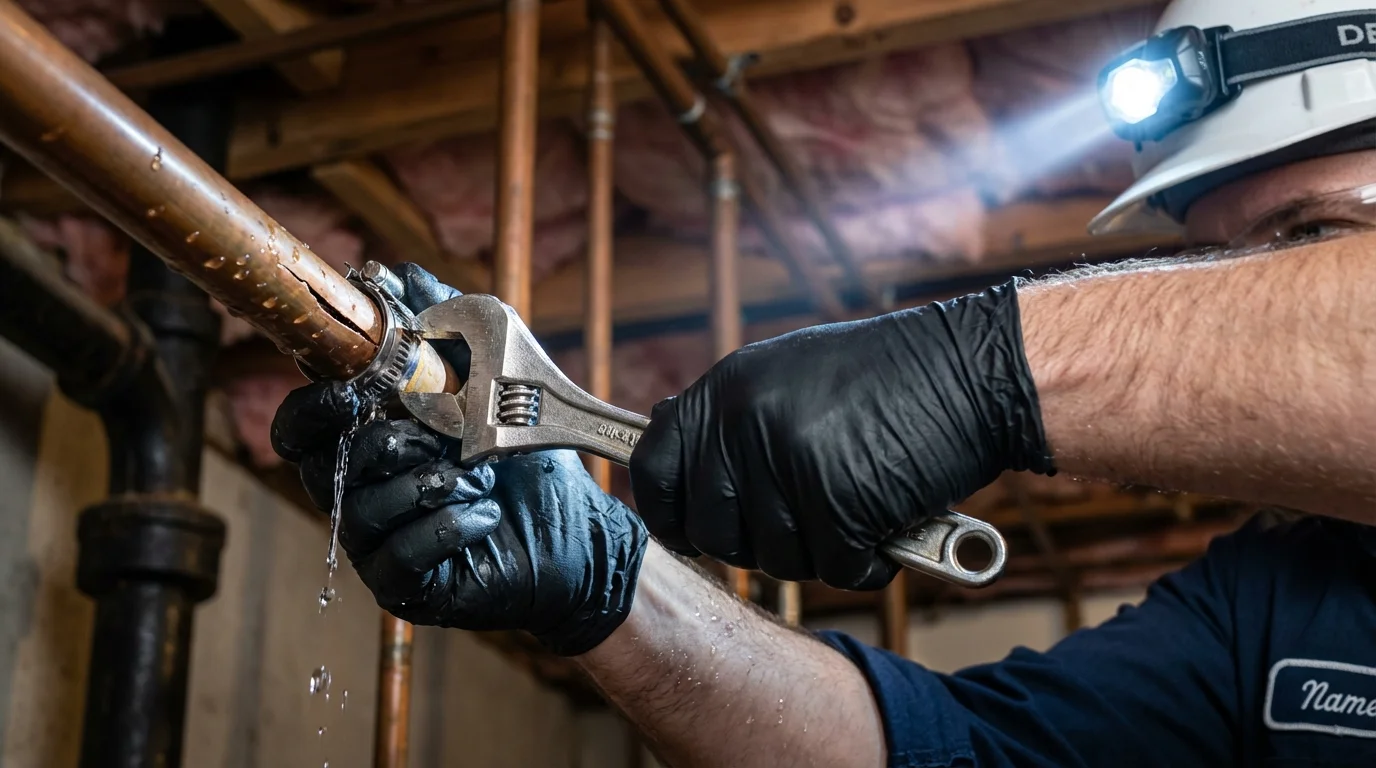Emergency pipe clamp repair being performed by a Johns Plumbing LLC plumber in Buford